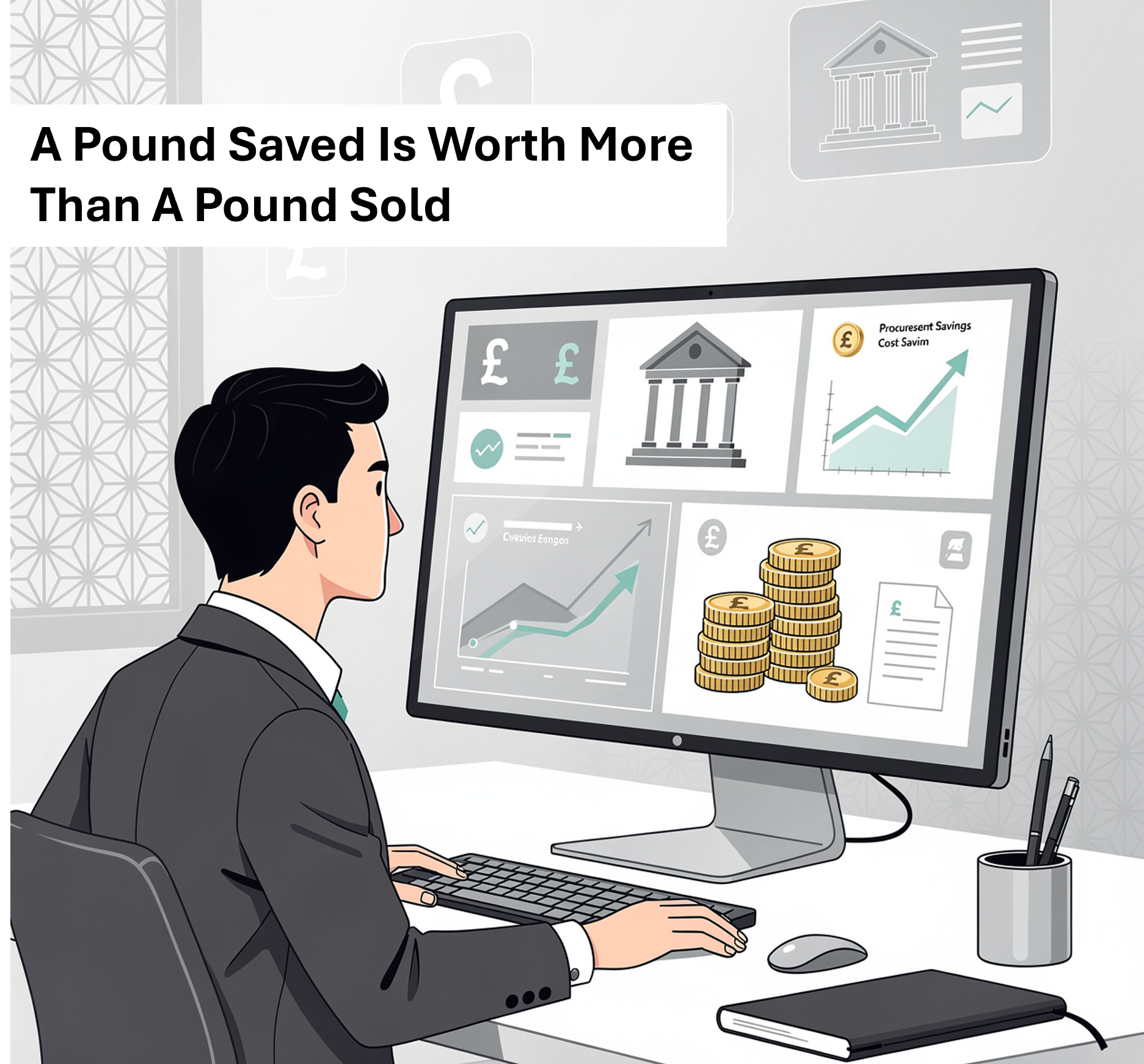 Illustration of a business professional reviewing procurement savings and financial performance on a desktop dashboard, with charts, pound symbols and the headline “A Pound Saved Is Worth More Than A Pound Sold”