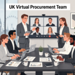 UK virtual procurement team collaborating in a modern office with hybrid video meeting and category specialists reviewing supplier and cost data