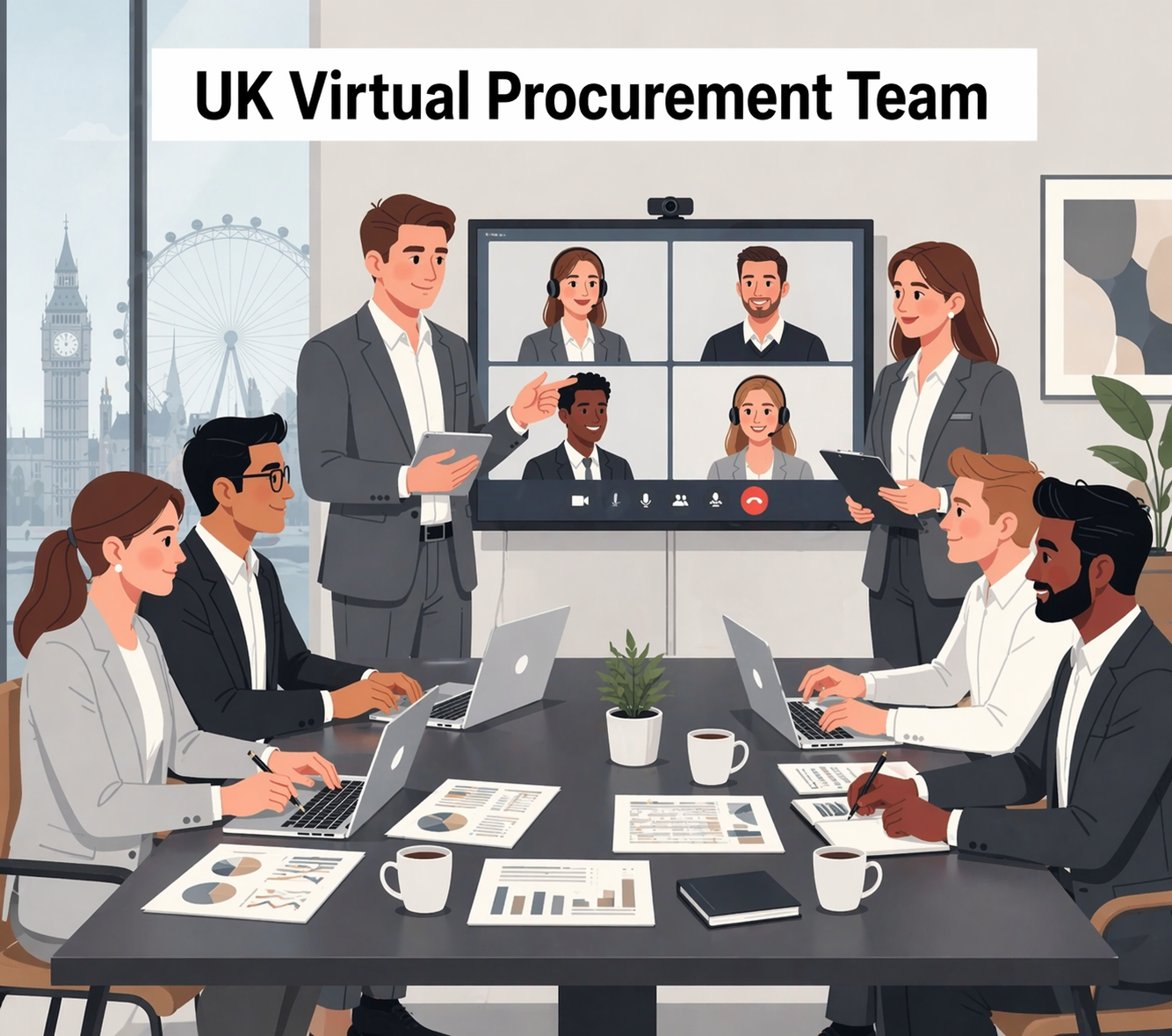 UK virtual procurement team collaborating in a modern office with hybrid video meeting and category specialists reviewing supplier and cost data
