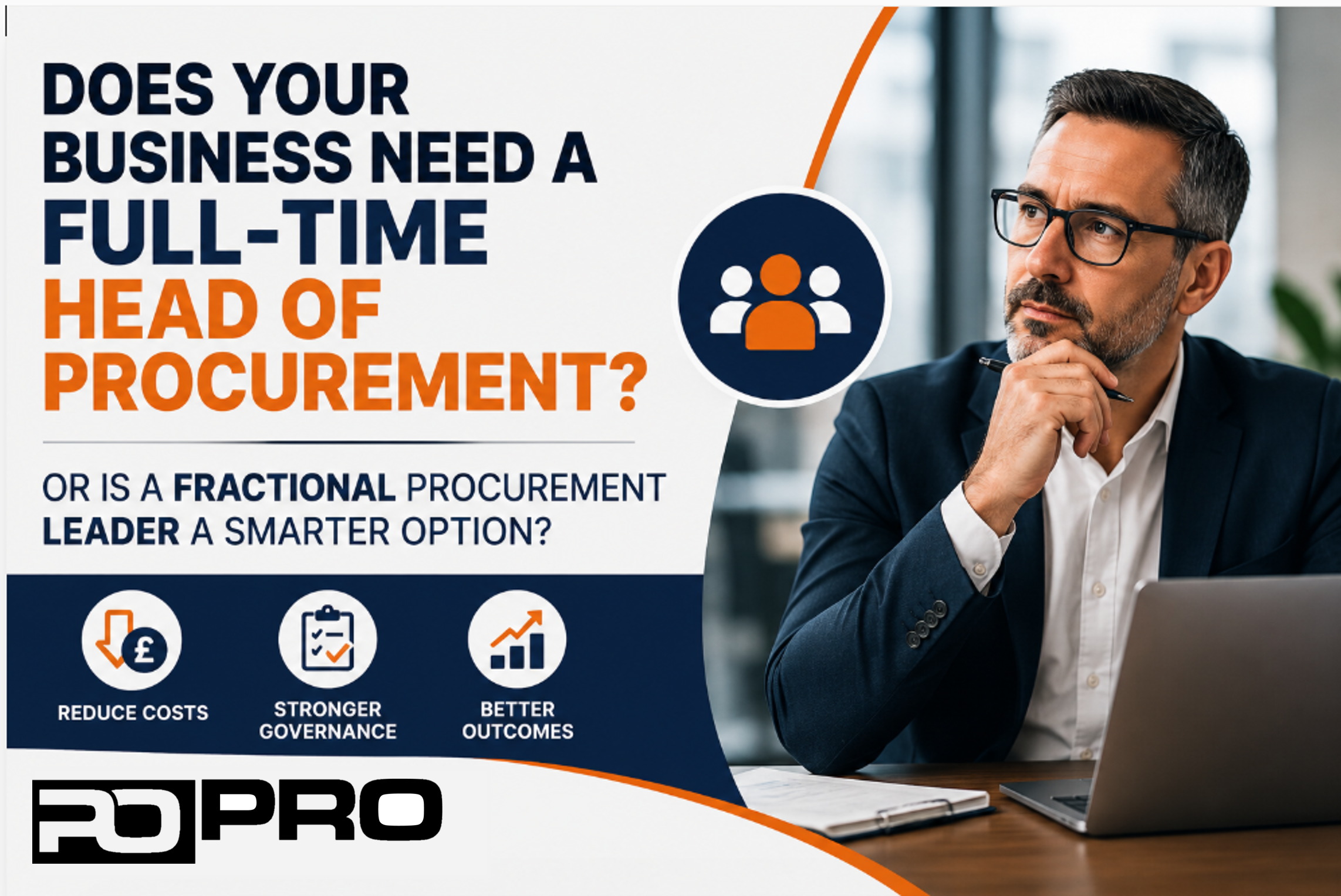 Business leader evaluating whether to hire a full-time Head of Procurement or use a fractional procurement leader, highlighting procurement cost reduction, stronger governance, supplier management and improved commercial outcomes.