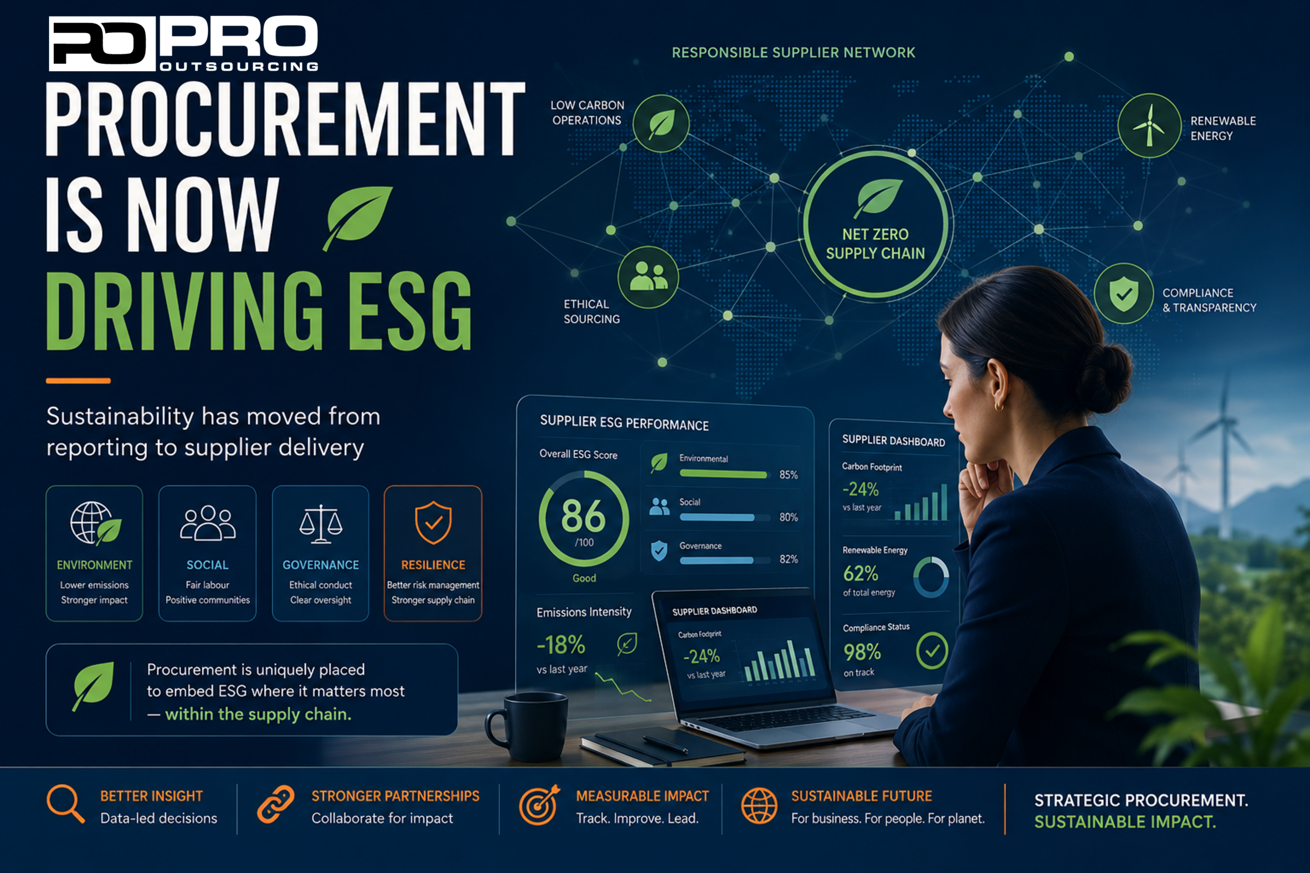 Pro Outsourcing ESG procurement infographic showing a procurement professional reviewing supplier sustainability dashboards, net zero supply chain metrics, ethical sourcing indicators, and ESG performance analytics across a global supplier network.
