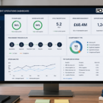 Procurement operations dashboard displayed on a widescreen monitor in a modern office, showing procure-to-pay KPIs, supplier management metrics, spend analysis and workflow performance data.