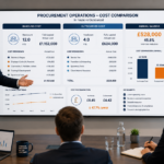 Procurement leader presenting a cost comparison between in-house and outsourced procurement operations to senior stakeholders in a modern boardroom, with a large dashboard displaying headcount, cost breakdowns and annual savings.