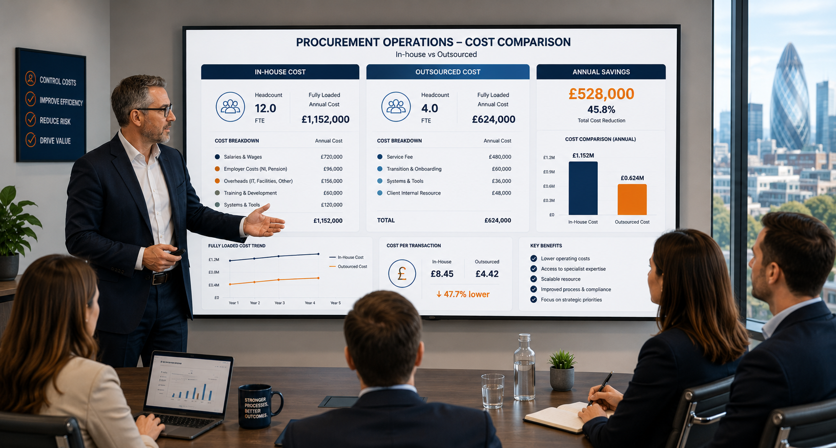 Procurement leader presenting a cost comparison between in-house and outsourced procurement operations to senior stakeholders in a modern boardroom, with a large dashboard displaying headcount, cost breakdowns and annual savings.