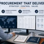 Procurement professional working at a modern office workstation with multiple screens displaying a global supplier network, contract repository and procure-to-pay workflow, illustrating outsourced procurement service delivery and business outcomes.