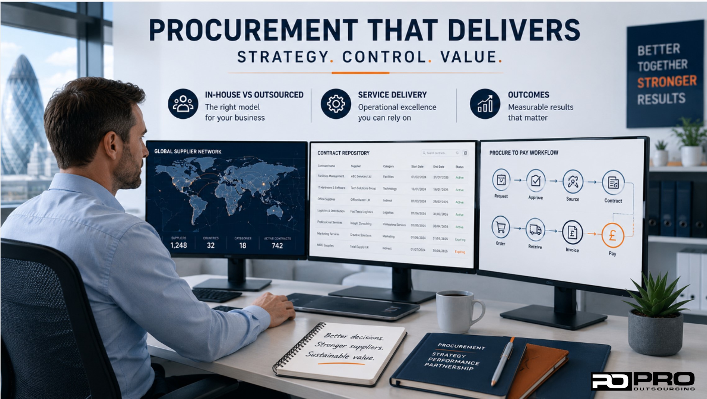 Procurement professional working at a modern office workstation with multiple screens displaying a global supplier network, contract repository and procure-to-pay workflow, illustrating outsourced procurement service delivery and business outcomes.
